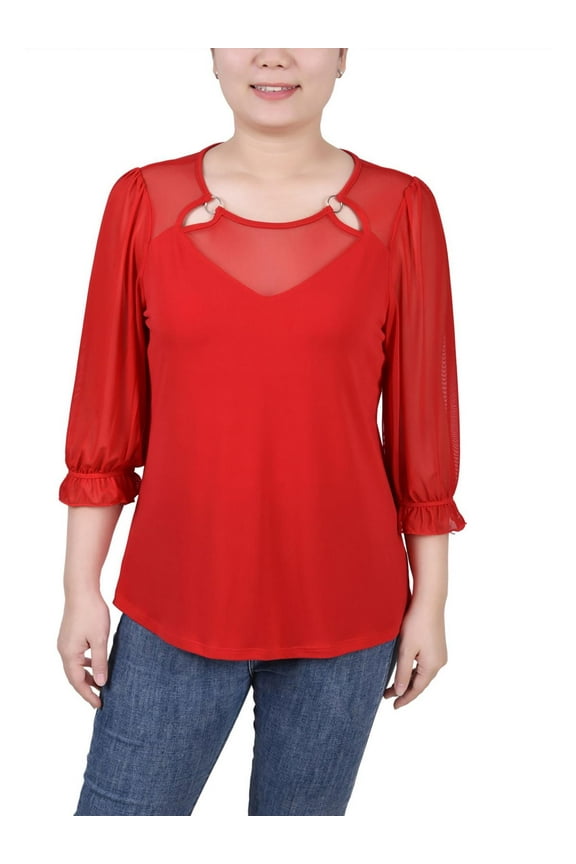 Womens Petites O-Ring 3/4 Sleeve Blouse