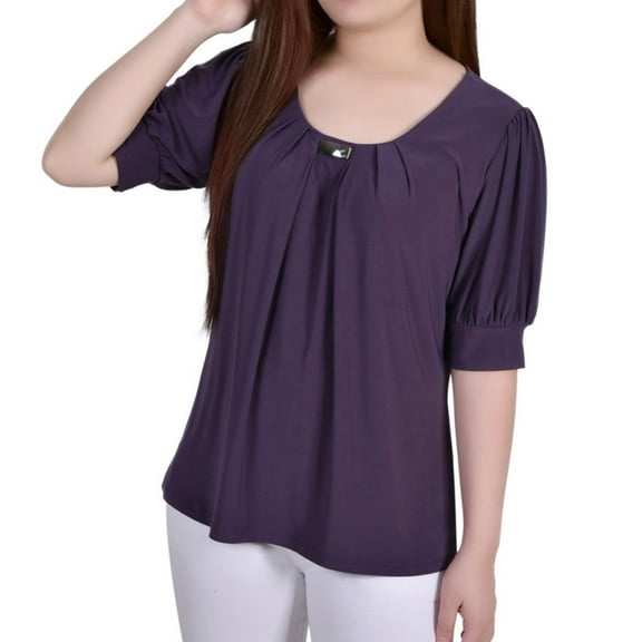 NY Collection Womens Balloon Sleeve Knit Blouse, Purple, Petite, PL
