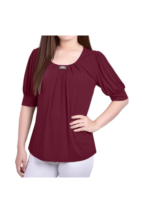 NY Collection Womens Balloon Sleeve Knit Blouse, Purple, Petite, PXL