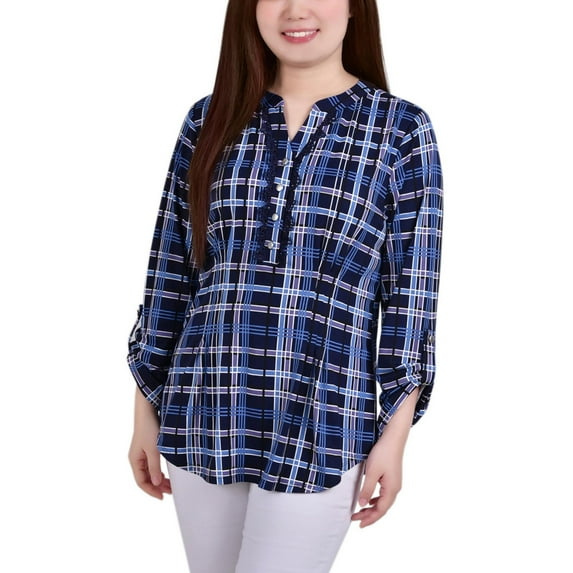 NY Collection Womens Petites Plaid Snap Placket Blouse