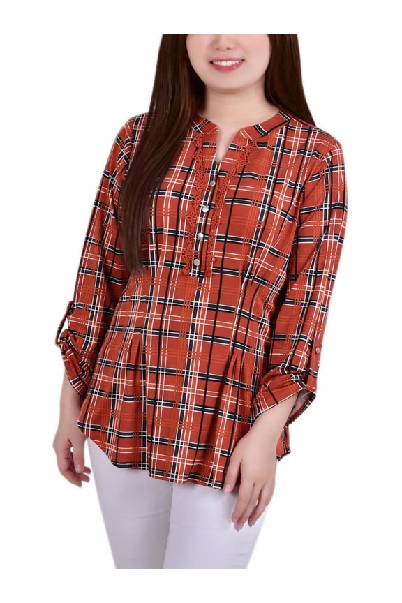 Womens Petites Plaid Snap Placket Blouse