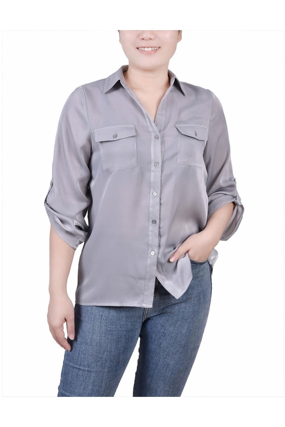 Womens Petites Pocket Collar Button-Down Top
