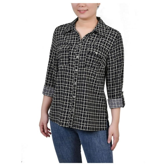 NY Collection Womens Petites Polk Dot Collared Blouse
