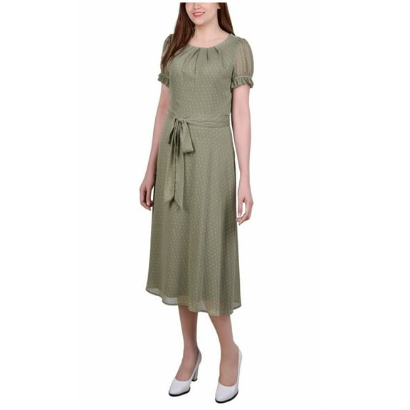 NY Collection Womens Swiss Dot Pin Tuck Midi Dress, Green, Petite, PXL