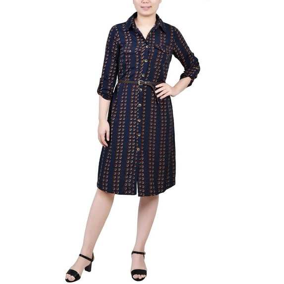 NY Collection Womens Petites Polka Dot Pocket Shirtdress