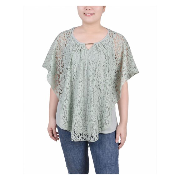 NY Collection Womens Petites Poncho Sleeve Lace Overlay Blouse