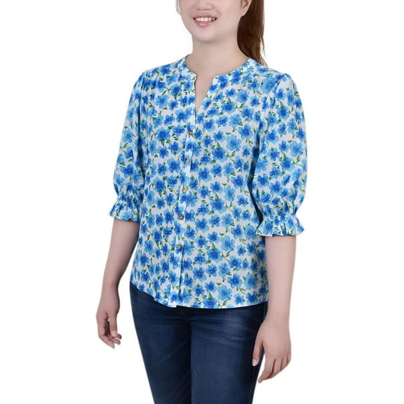 NY Collection Womens Petites Printed  Button-Down Top