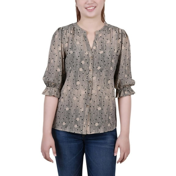 NY Collection Womens Petites Printed  Button-Down Top