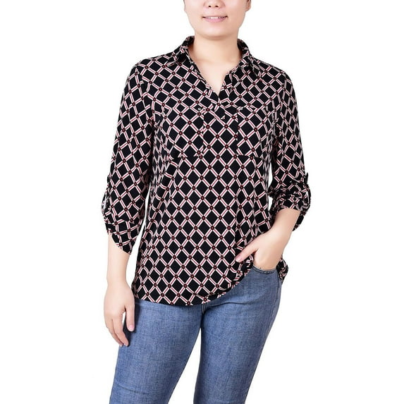 NY Collection Womens Petites Printed Collar Blouse