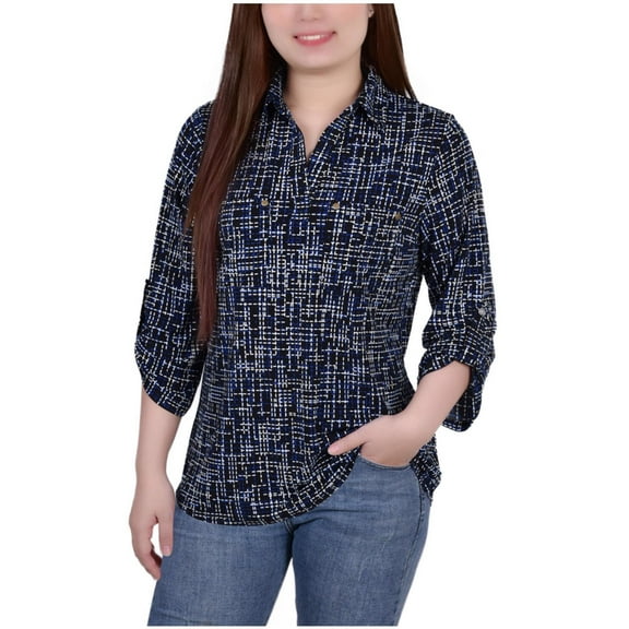 NY Collection Womens Printed Knit Blouse, Blue, Petite, PXL