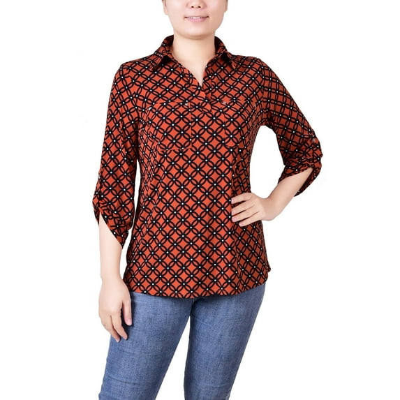 NY Collection Womens Petites Printed Collar Blouse