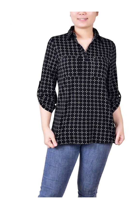 Womens Petites Printed Collar Blouse