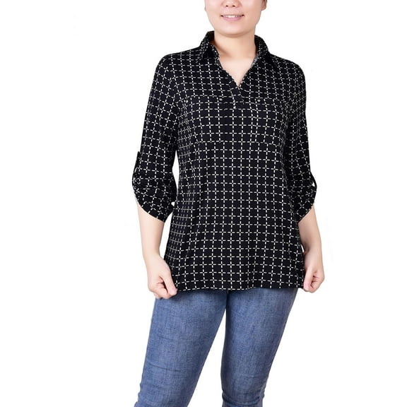 NY Collection Womens Petites Printed Collar Blouse