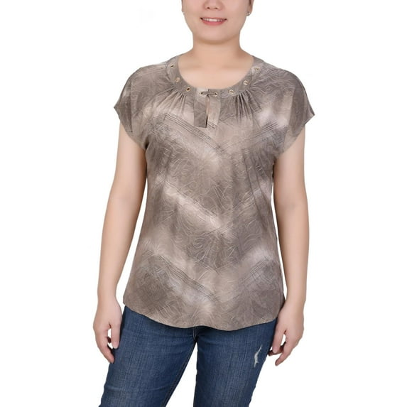 NY Collection Womens Petites Printed Crewneck Blouse