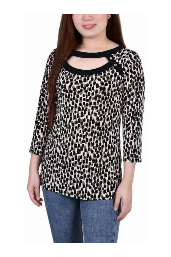Womens Petites Printed Cut-Out Pullover Top