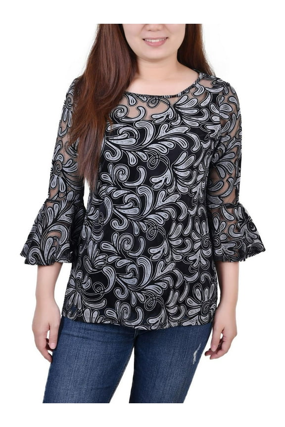 Womens Petites Printed Elbow Sleeve Blouse
