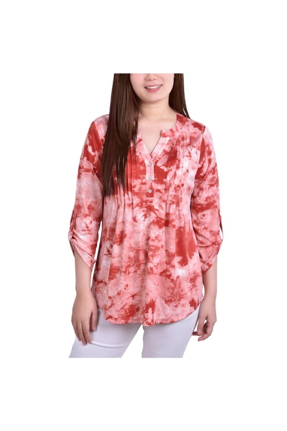 Womens Printed Pintuck Henley Shirt, Red, Petite, PL
