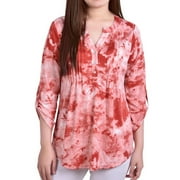 NY COLLECTION Womens Printed Pintuck Henley Shirt, Red, Petite, P/PS