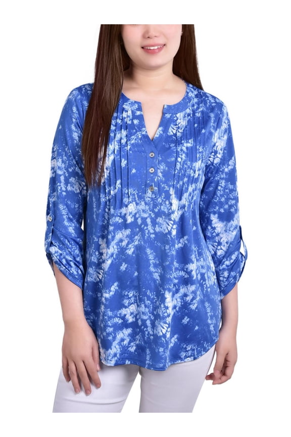 Womens Petites Printed Pintuck Henley