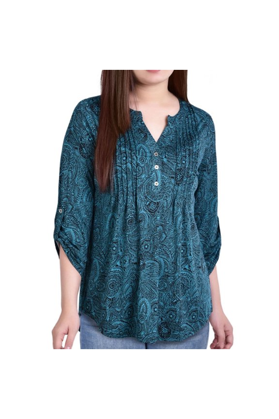 Womens Printed Pintuck Henley Shirt, Green, Petite, P/PS