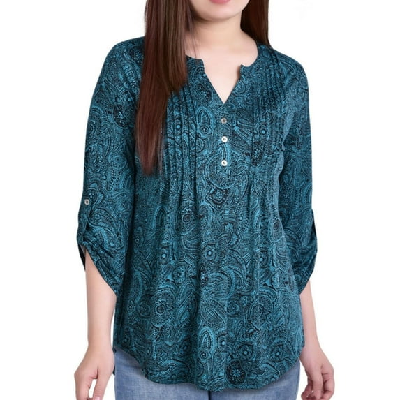 NY Collection Womens Printed Pintuck Henley Shirt, Green, Petite, P/PS