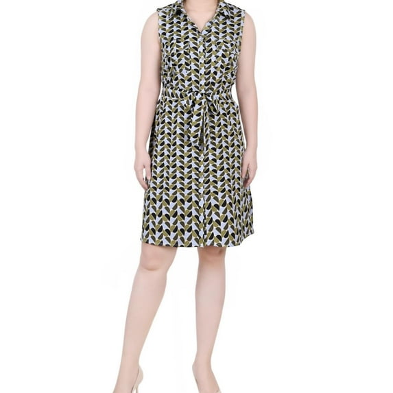 NY Collection Womens Printed Sleeveless Shirt Dress, Green, Petite, PM