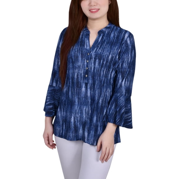 NY Collection Womens Petites Printed Y-Neck Blouse