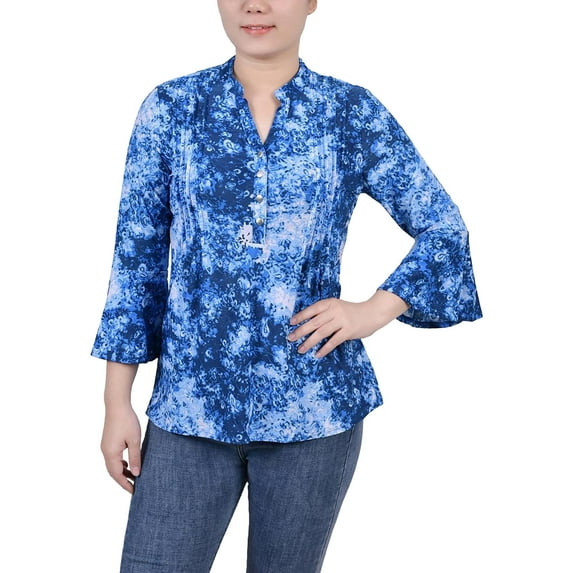 NY Collection Womens Petites Printed Y-Neck Blouse