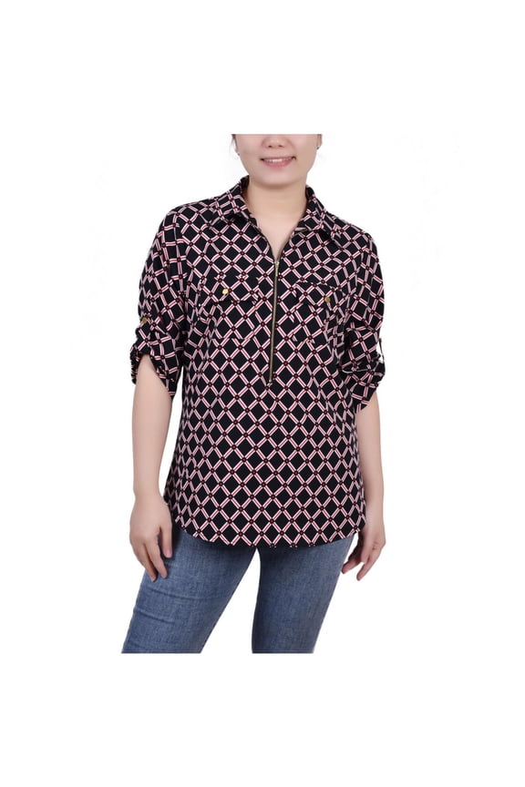 Womens Roll Tab Sleeve Pullover Blouse, Black, Petite, PM