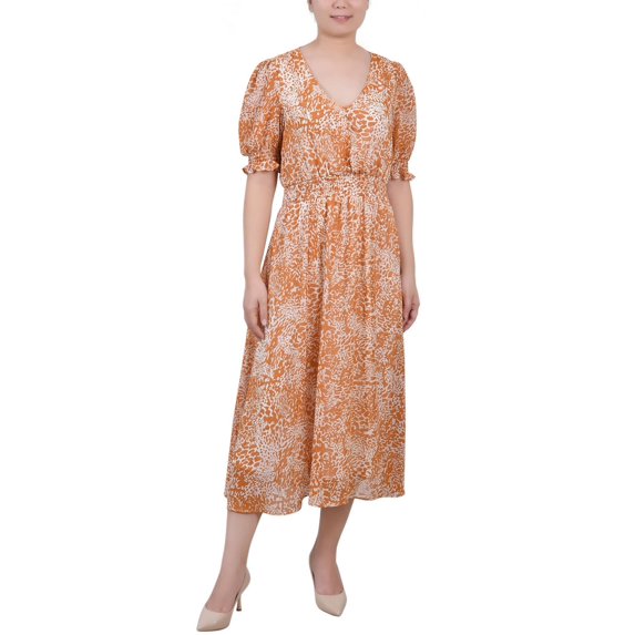 NY Collection Womens Petites Puff Sleeve Midi Fit & Flare Dress