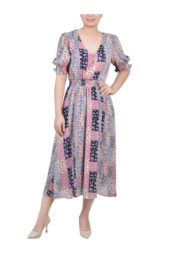 Womens Petites Puff Sleeve Midi Fit & Flare Dress