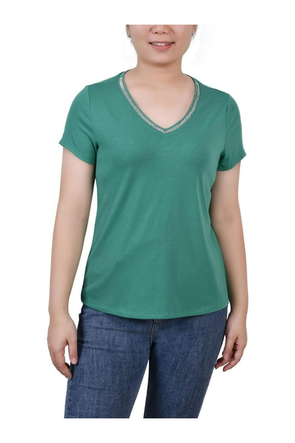 Womens Petites Rhinestone Trim Solid Blouse