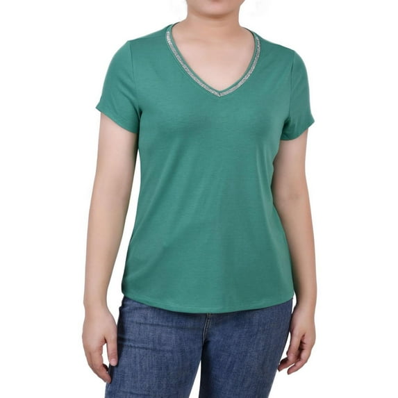 NY Collection Womens Rhinstone Trim Pullover Blouse, Green, Petite, PM