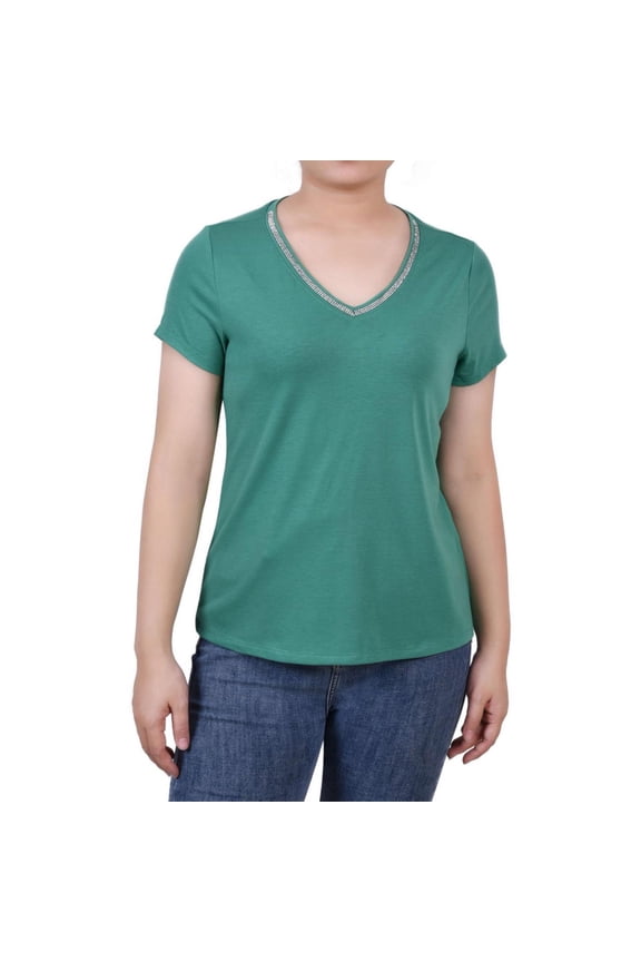 Womens Rhinstone Trim Pullover Blouse, Green, Petite, PM