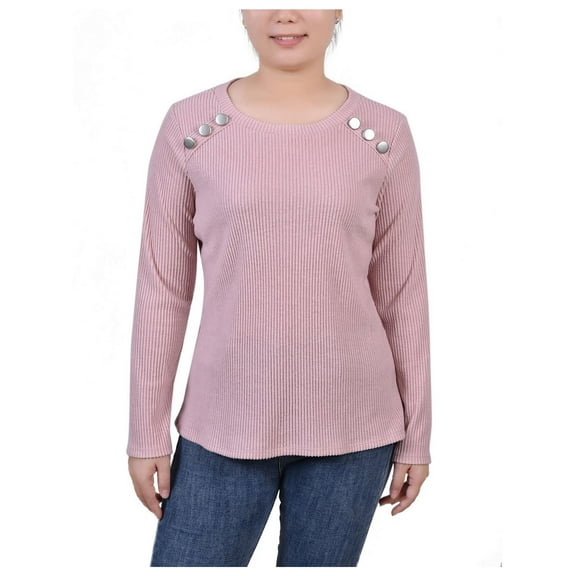 NY Collection Womens Petites Ribbed Button Detail Pullover Top