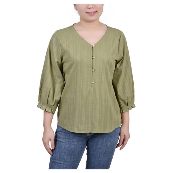 NY Collection Womens Petites Ribbed Long Sleeves Button-Down Top