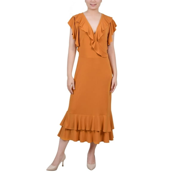 NY Collection Womens Petites Ruffled A-Line Midi Dress