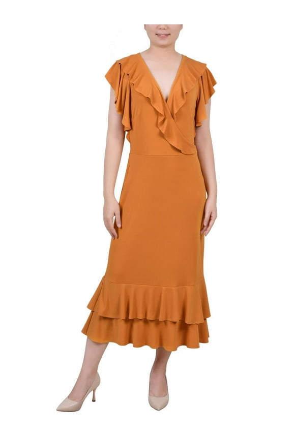 Womens Petites Ruffled A-Line Midi Dress