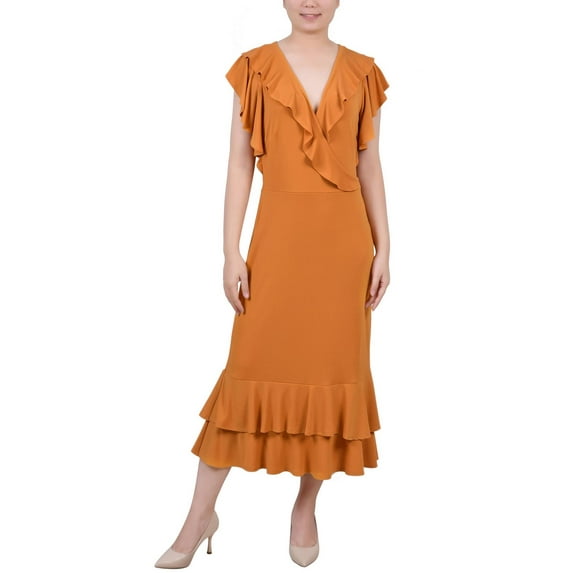 NY Collection Womens Petites Ruffled A-Line Midi Dress