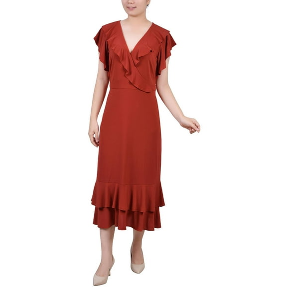 NY Collection Womens Petites Ruffled A-Line Midi Dress