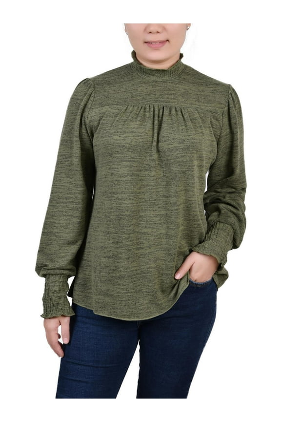 Womens Petites Ruffled Heathered Blouse