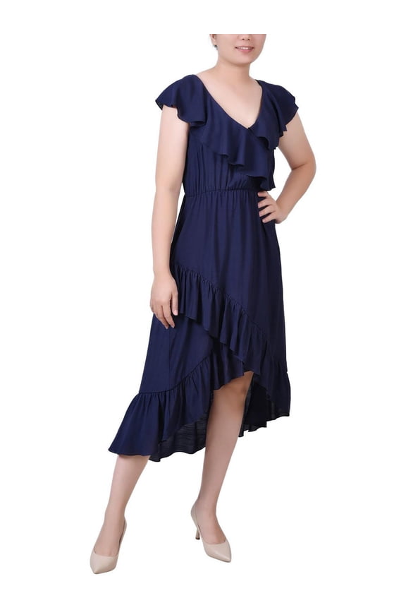 Womens Petites Ruffled Hi-Low Midi Dress