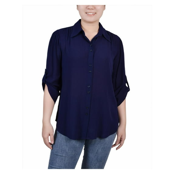 NY Collection Womens Petites Sheer Solid Button-Down Top
