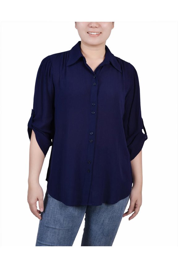 Womens Petites Sheer Solid Button-Down Top