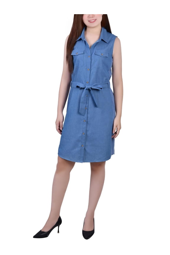 Womens Petites Sleeveless Collar Shirtdress