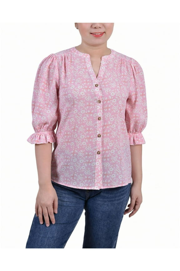 Womens Petites Split Neck Printed Button-Down Top