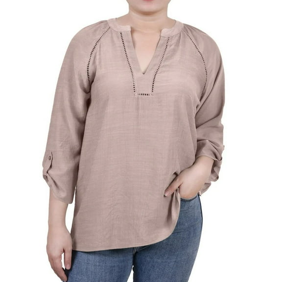 NY Collection Womens Split Neck Tunic Blouse, Beige, Petite, PXL