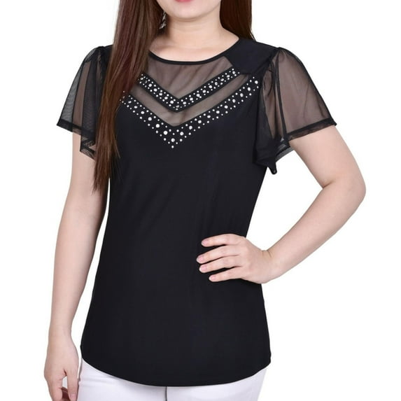 NY Collection Womens Mesh Tunic Blouse, Black, Petite, PL