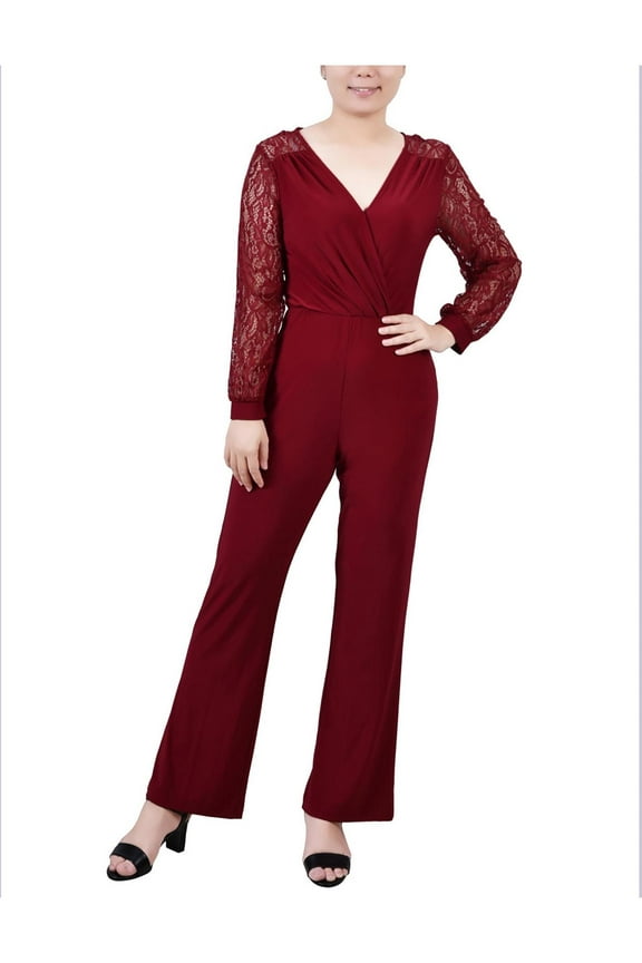 Womens Petites Surplice Lace Trim Jumpsuit