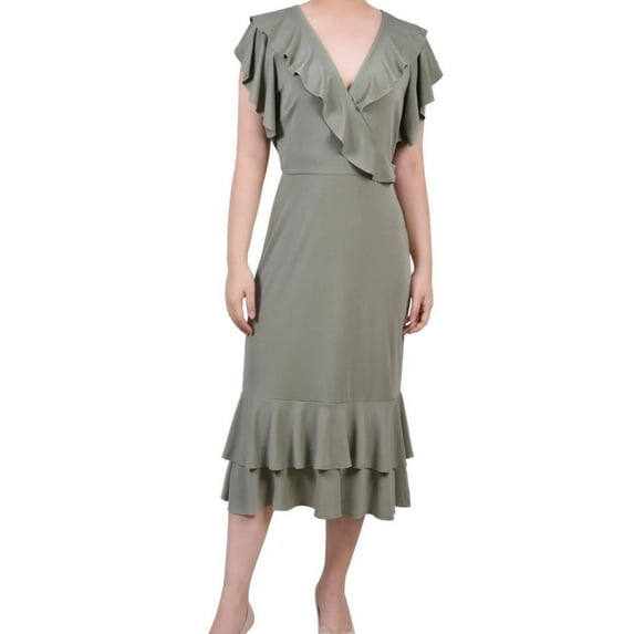 NY Collection Womens Flutter Sleeve Ruffled Dress, Green, Petite, PL